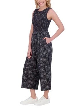 NWT Andrew Marc Black Floral Sleeveless Wide-Leg Smoked Bodice Jumpsuit Sz XL